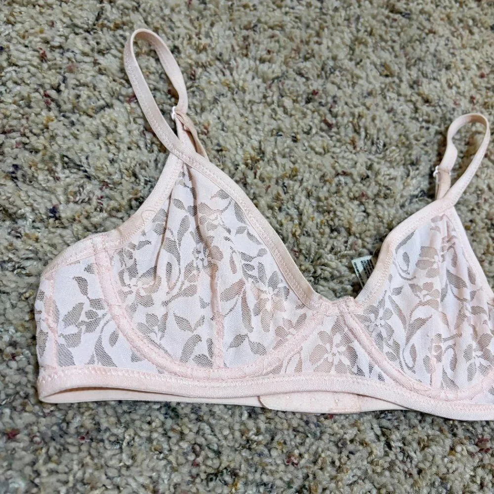 Intimately Free People 32A Sheer Floral Underwire Bra Mesh Lace Floral Pink